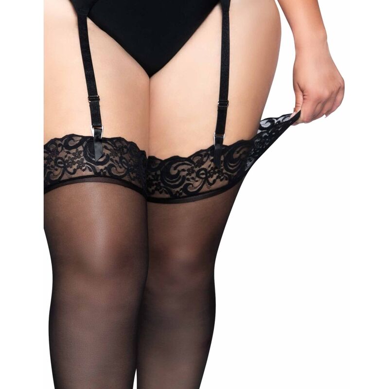 Outlet - schwarze Nylonstrümpfe mit Spitzenabschluss plus