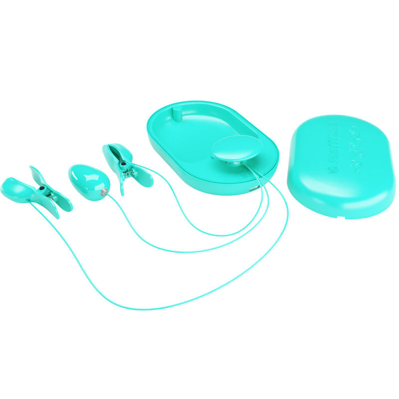 Überraschungsbox mit blauen Elektrostimulationsklemmen