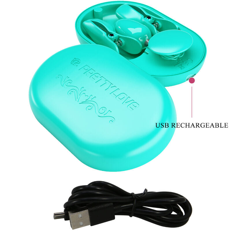 Überraschungsbox mit blauen Elektrostimulationsklemmen
