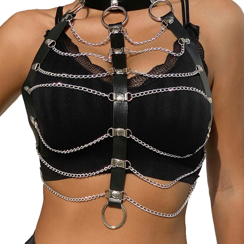 Schwarzes Brustgeschirr aus Leder mit Kette, Einheitsgröße