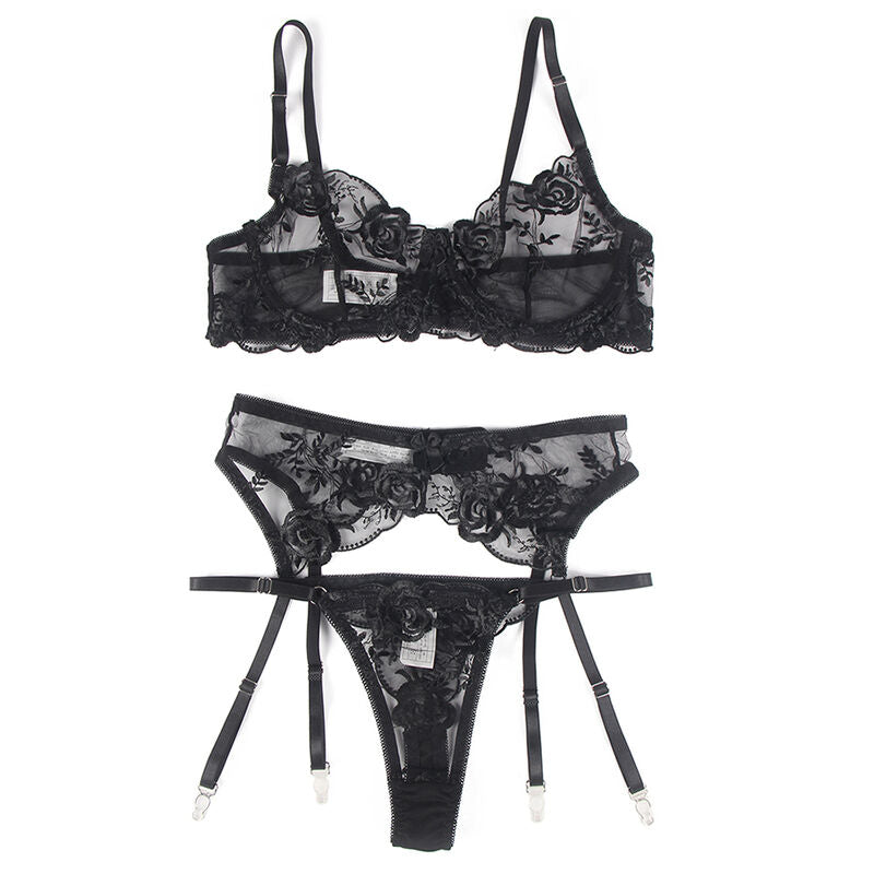 3er-Set Unterhose + Tanga + Band mit Blumenmuster, schwarz, S/M