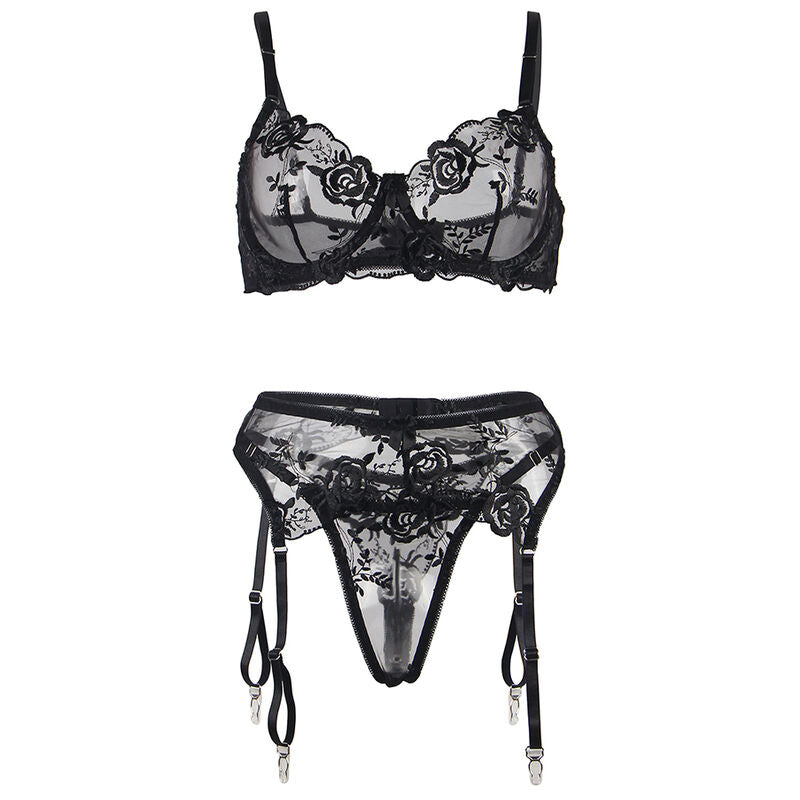 3er-Set Unterhose + Tanga + Band mit Blumenmuster, schwarz, S/M