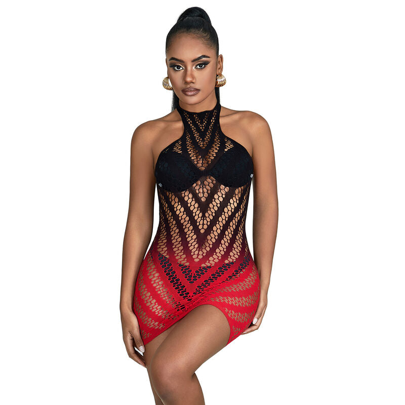 952242 rot-schwarzes, elastisches Netzkleid mit Farbverlauf, Einheitsgröße