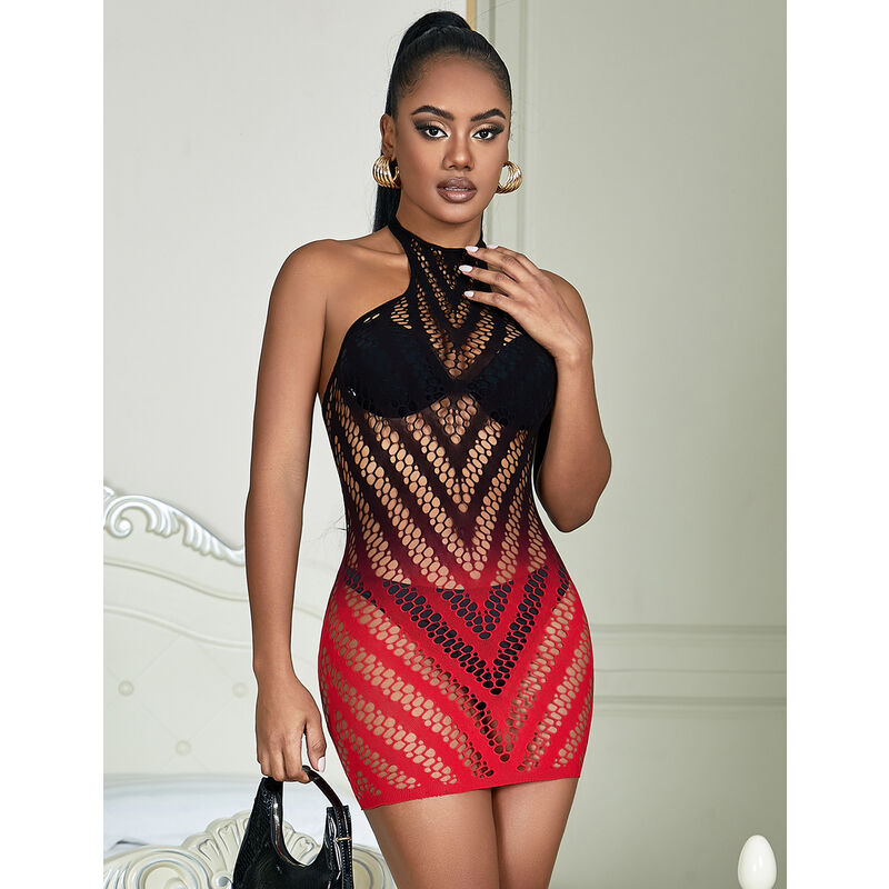 952242 rot-schwarzes, elastisches Netzkleid mit Farbverlauf, Einheitsgröße