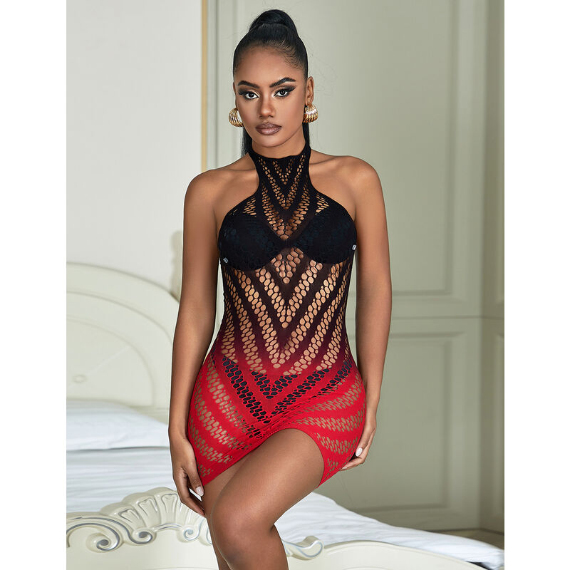 952242 rot-schwarzes, elastisches Netzkleid mit Farbverlauf, Einheitsgröße