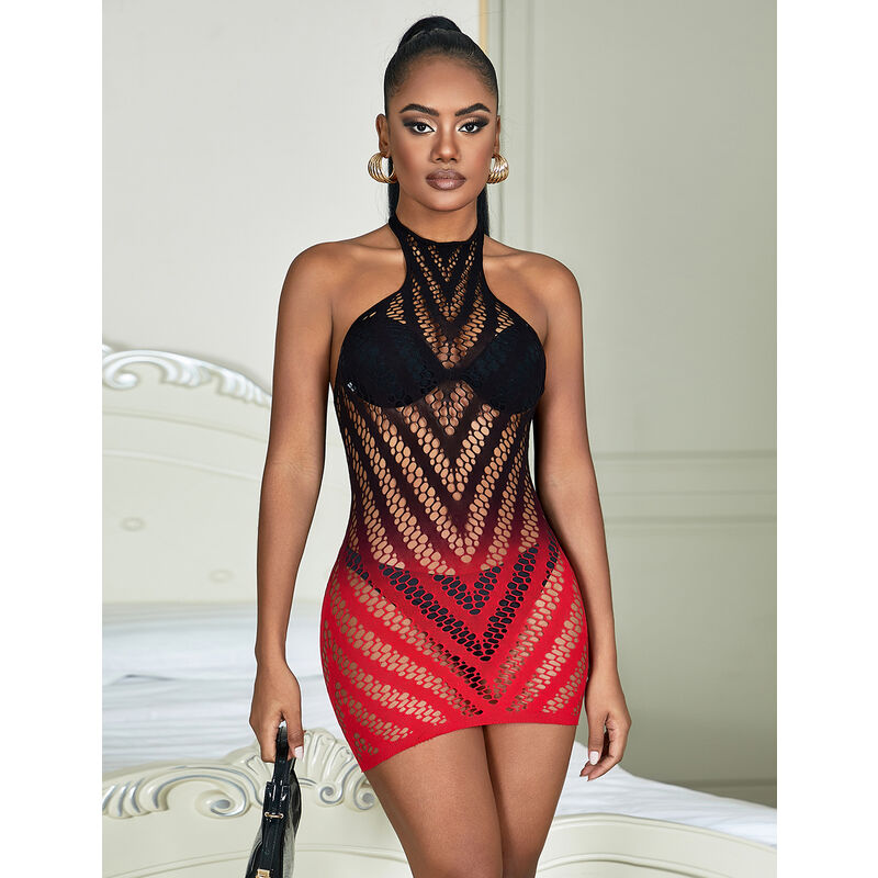 952242 rot-schwarzes, elastisches Netzkleid mit Farbverlauf, Einheitsgröße