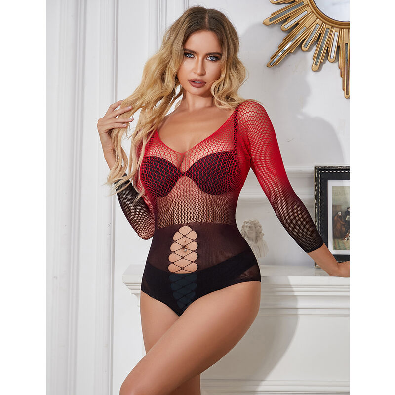 952259 elastisches Netzkleid mit langen Ärmeln, rot und schwarz, Farbverlauf, Einheitsgröße