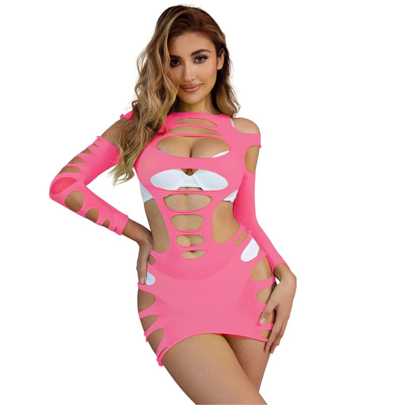 952273 elastisches Netzkleid lange Ärmel rosa Einheitsgröße