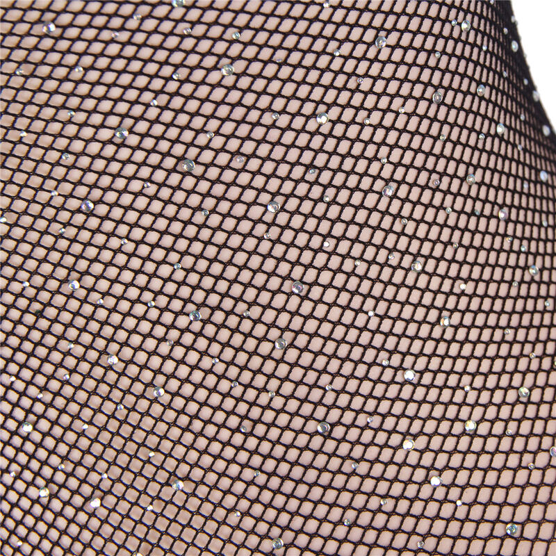 952297 glänzender Netz-Bodysuit mit schulterfreien langen Ärmeln schwarz Einheitsgröße
