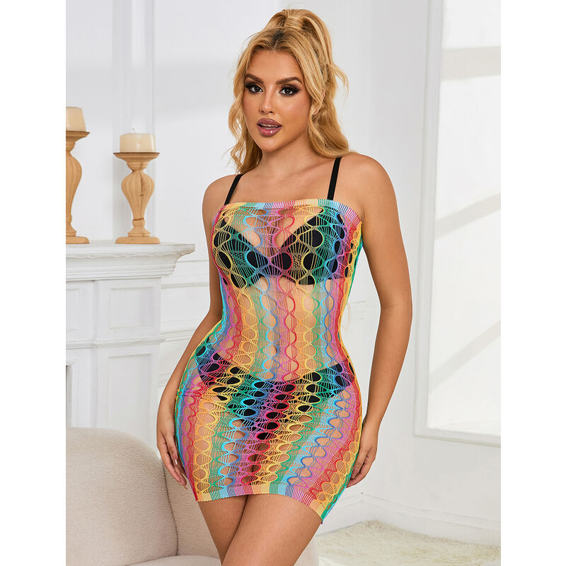 952365 Regenbogen-Schulterfreies Netzkleid Einheitsgröße