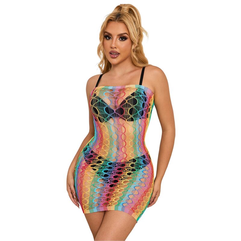 952365 Regenbogen-Schulterfreies Netzkleid Einheitsgröße