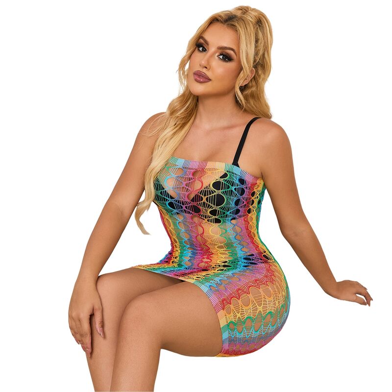 952365 Regenbogen-Schulterfreies Netzkleid Einheitsgröße