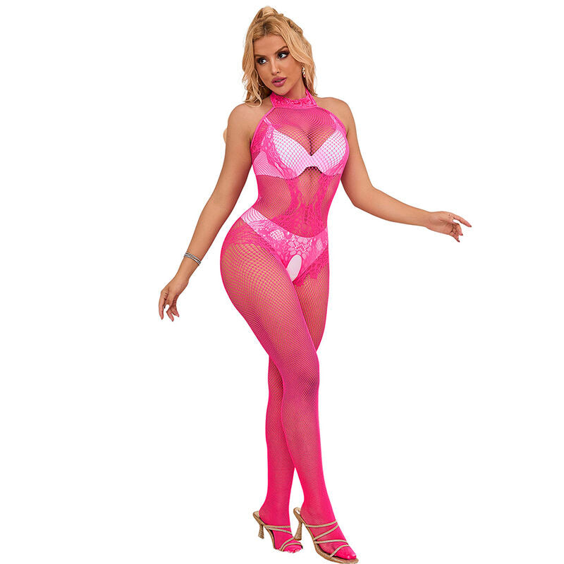 952389 Netz- und Spitzen-Bodystocking ohne Fell mit hohem Halsausschnitt rosa Einheitsgröße
