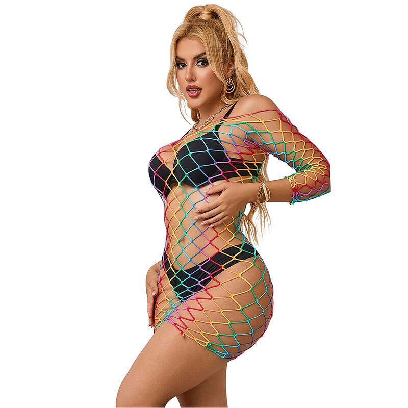 952426 Regenbogen-Langarm-Netzkleid, Einheitsgröße