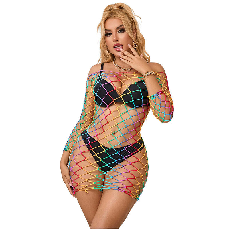 952426 Regenbogen-Langarm-Netzkleid, Einheitsgröße