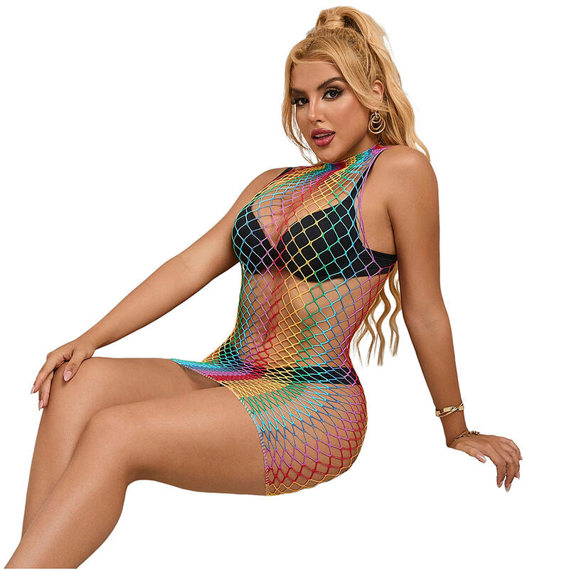 952433 ärmelloses Netzkleid mit hohem Halsausschnitt Regenbogen Einheitsgröße