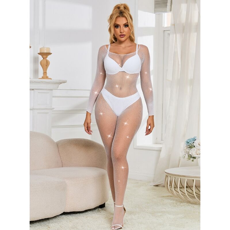 952396 Netz-Bodystocking mit Rauten lange Ärmel weiß Einheitsgröße