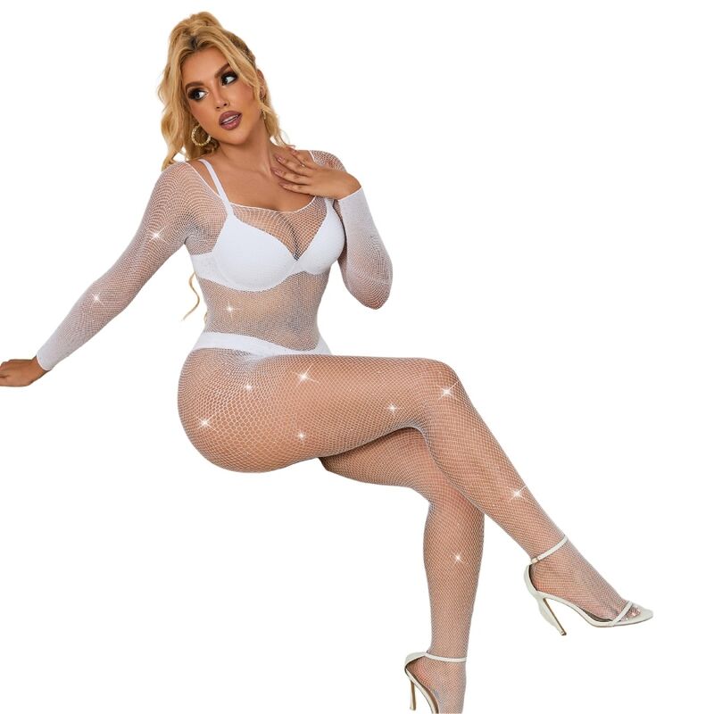 952396 Netz-Bodystocking mit Rauten lange Ärmel weiß Einheitsgröße
