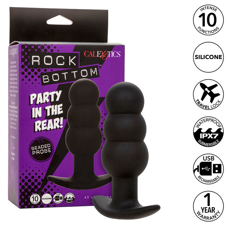 Rock Bottom Analplug mit Perlen, 10 Vibrationen, schwarzes Silikon