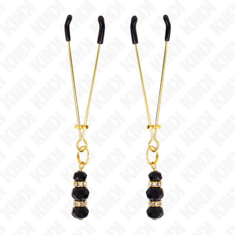 Feine goldene Brustwarzenklammern mit 3 schwarzen Glasperlen 7 cm