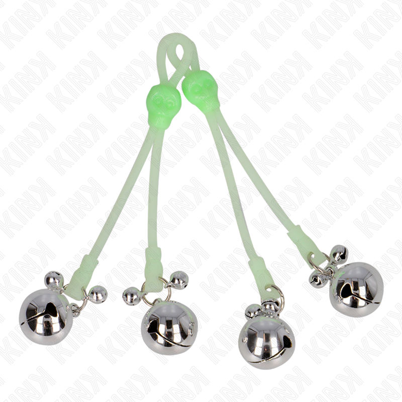 Leuchtende Brustwarzenklammern mit Totenkopf-Motiv und verstellbarem Glöckchenring, Grün/Silber