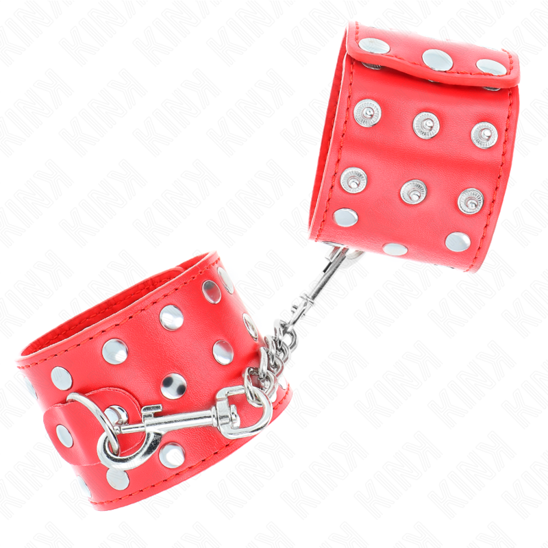 Handfesseln mit Druckknopfverschluss voller roter Nieten verstellbar 19-24 cm x 5,5 cm
