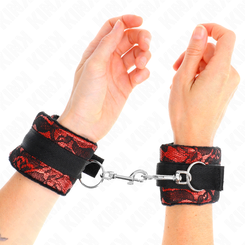Kurze Samtspitzen-Handgelenksfesseln mit rot/schwarzer Nyloneinfassung 23 x 6,5 cm