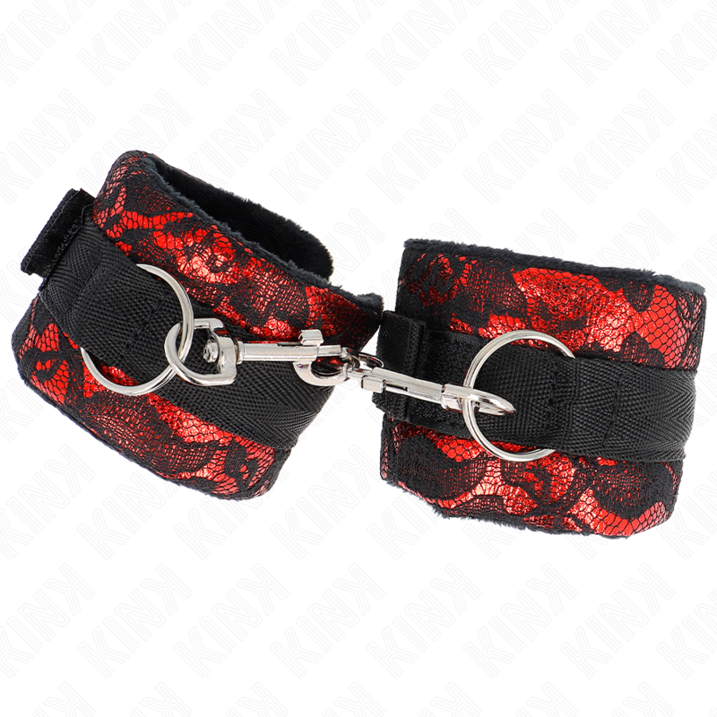 Kurze Samtspitzen-Handgelenksfesseln mit rot/schwarzer Nyloneinfassung 23 x 6,5 cm
