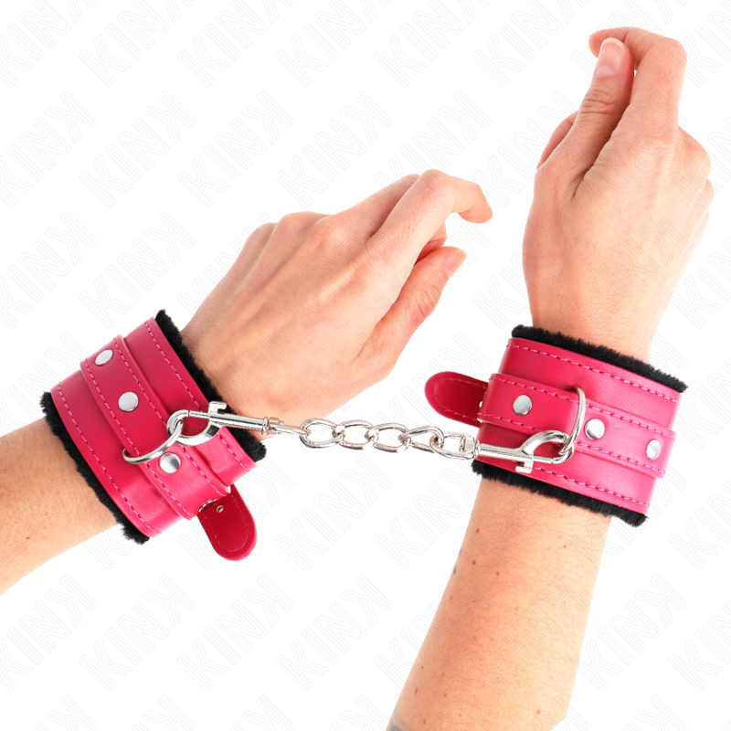 Hochwertige, mit schwarzem Fell gefütterte Handgelenkstützen mit verstellbarem, himbeerrosa Gürtel 17–29 cm x 6 cm
