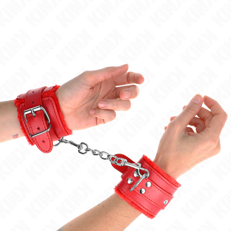 Mit rotem Fell gefütterte Handgelenkstützen mit verstellbarem roten Gürtel 17-29 cm x 6 cm