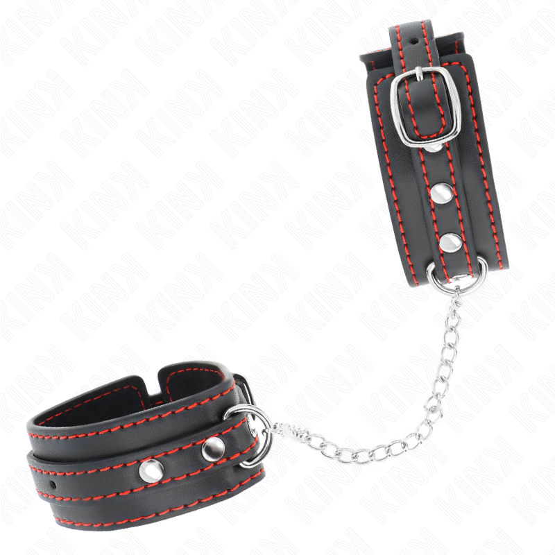 Kleine schwarze Handfesseln mit verstellbarem rotem Futter 14-24 cm x 3,5 cm