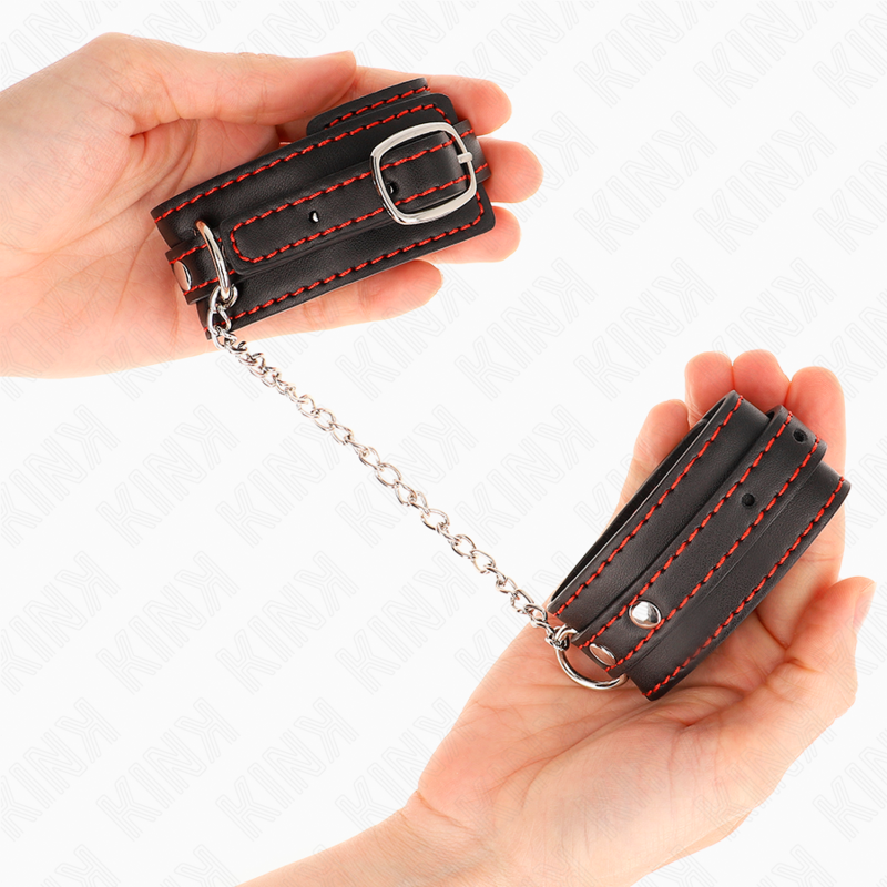 Kleine schwarze Handfesseln mit verstellbarem rotem Futter 14-24 cm x 3,5 cm