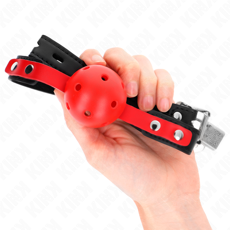 Roter hohler Hartball 4 cm Knebel schwarzes Armband 60 x 2 cm verstellbar 37-52 cm