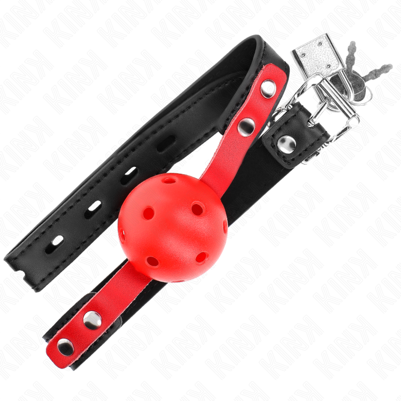 Roter hohler Hartball 4 cm Knebel schwarzes Armband 60 x 2 cm verstellbar 37-52 cm