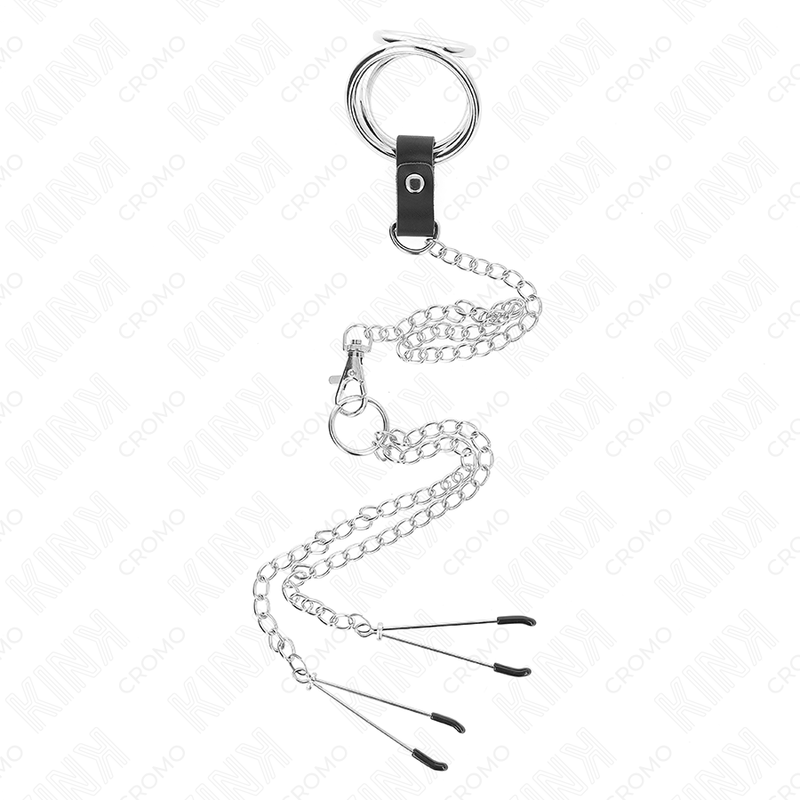 Dreifacher Penisring aus verchromtem Metall, 3 cm bis 4,5 cm, mit 26 cm langer Metallkette und Brustwarzenklammern
