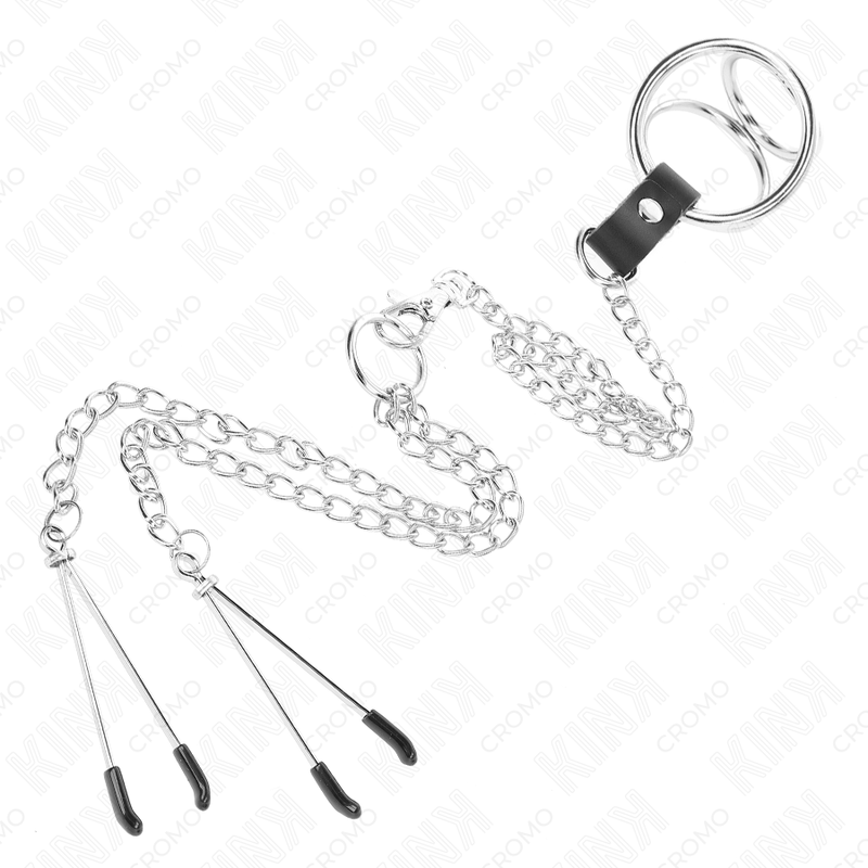 Dreifacher Penisring aus verchromtem Metall, 3 cm bis 4,5 cm, mit 26 cm langer Metallkette und Brustwarzenklammern
