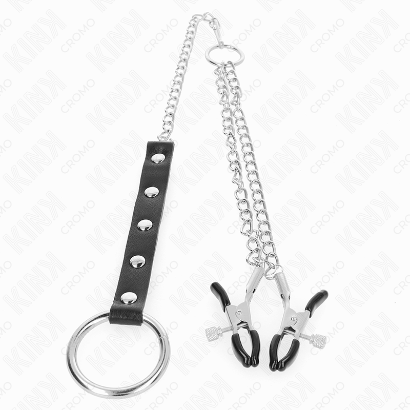 Penisring aus Metall mit Kette und verstellbaren Brustwarzenklemmen