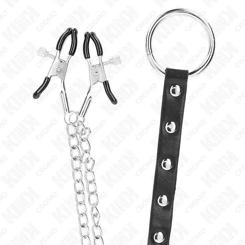 Penisring aus Metall mit Kette und verstellbaren Brustwarzenklemmen
