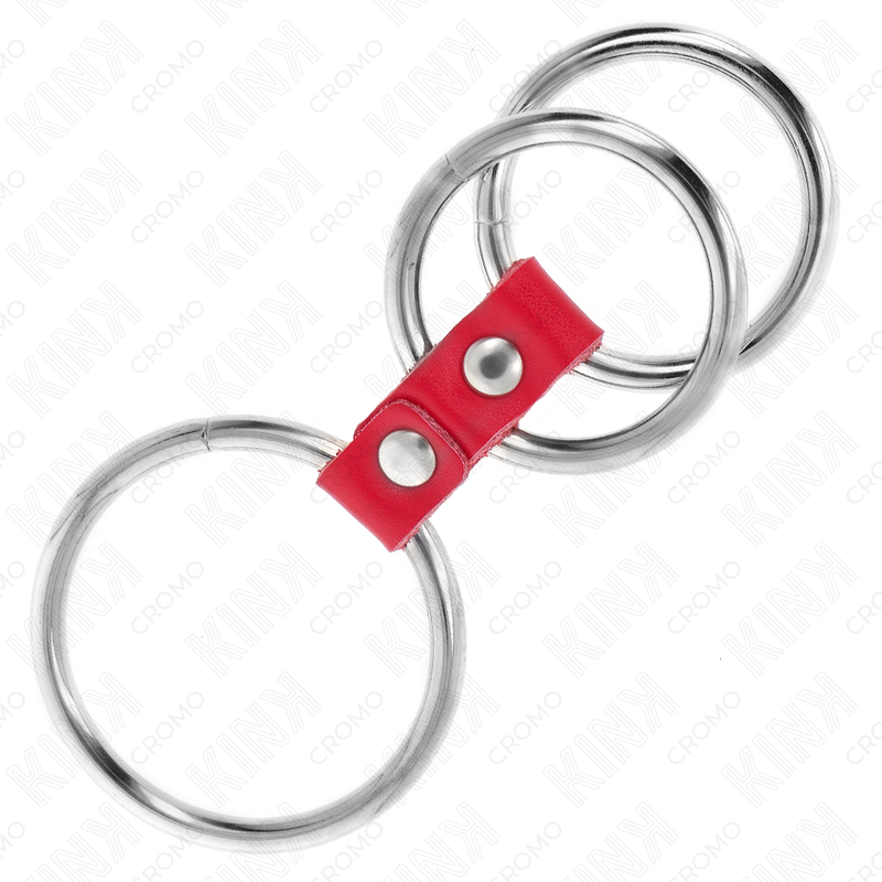 Dreifacher Penisring aus Metall 3,7cm bis 5cm mit rotem Leder verbunden