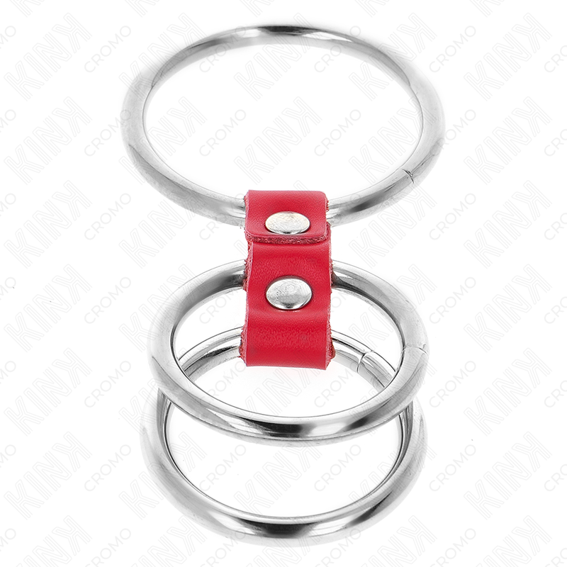 Dreifacher Penisring aus Metall 3,7cm bis 5cm mit rotem Leder verbunden