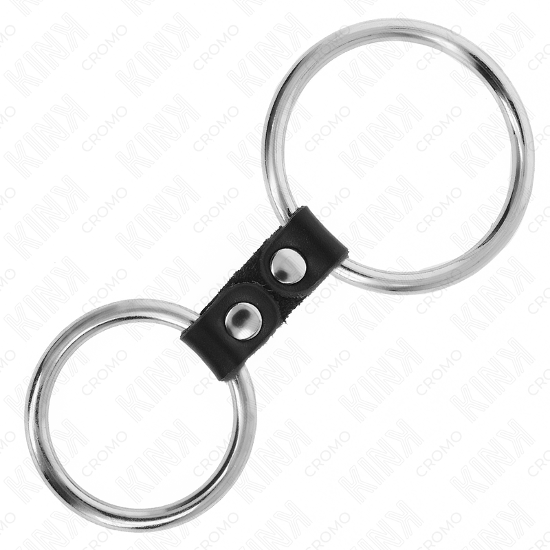 Doppelter Penisring aus Metall von 3,7 cm bis 5 cm, verbunden durch Lederband, Modell 2