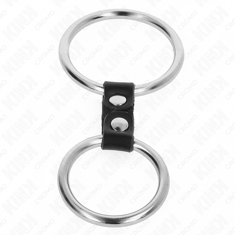 Doppelter Penisring aus Metall von 3,7 cm bis 5 cm, verbunden durch Lederband, Modell 2