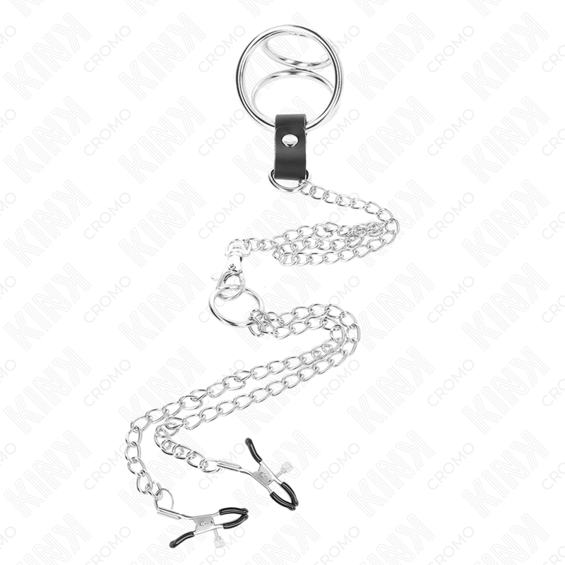 Dreifacher Penisring aus verchromtem Metall, 3,8 cm bis 5 cm, mit 26 cm Metallkette und Brustwarzenklammern, Modell 1