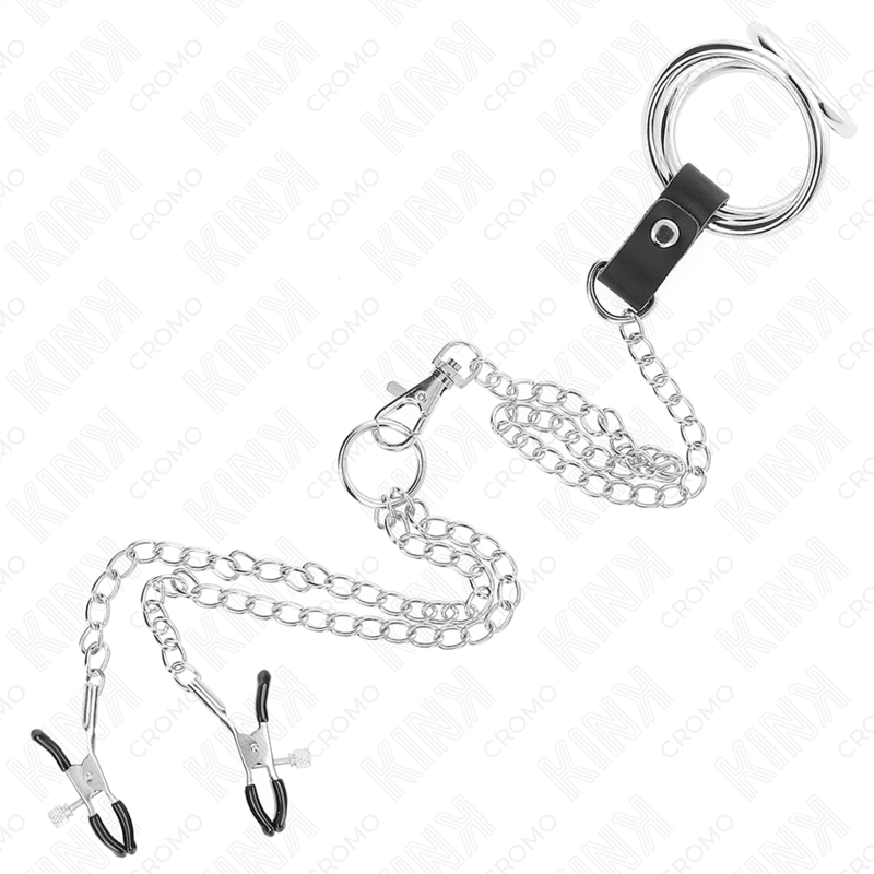 Dreifacher Penisring aus verchromtem Metall, 3,8 cm bis 5 cm, mit 26 cm Metallkette und Brustwarzenklammern, Modell 1