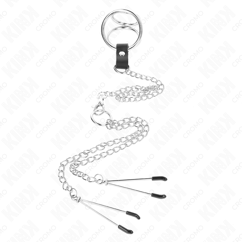 Dreifacher Penisring aus verchromtem Metall, 3,8 cm bis 5 cm, mit 26 cm Metallkette und Brustwarzenklammern, Modell 2