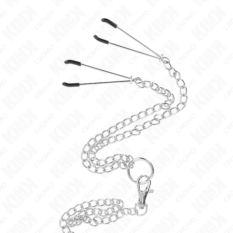 Dreifacher Penisring aus verchromtem Metall, 3,8 cm bis 5 cm, mit 26 cm Metallkette und Brustwarzenklammern, Modell 2