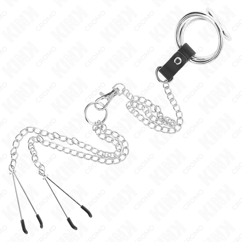 Dreifacher Penisring aus verchromtem Metall, 3,8 cm bis 5 cm, mit 26 cm Metallkette und Brustwarzenklammern, Modell 2
