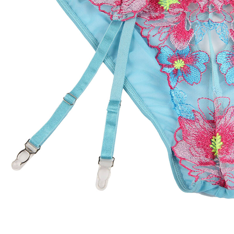 954116 BH + Slip mit Strapsen Blumenmuster blau l/xl