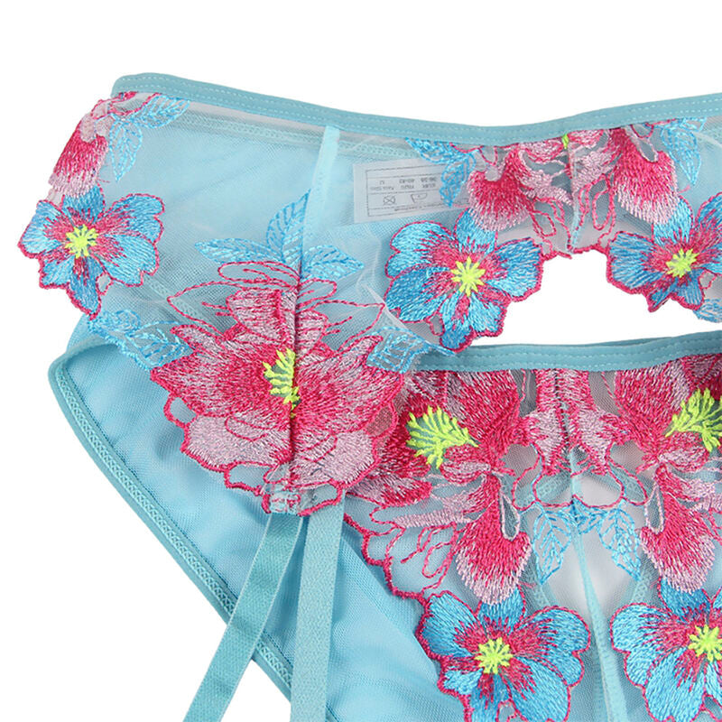 954116 BH + Slip mit Strapsen Blumenmuster blau l/xl