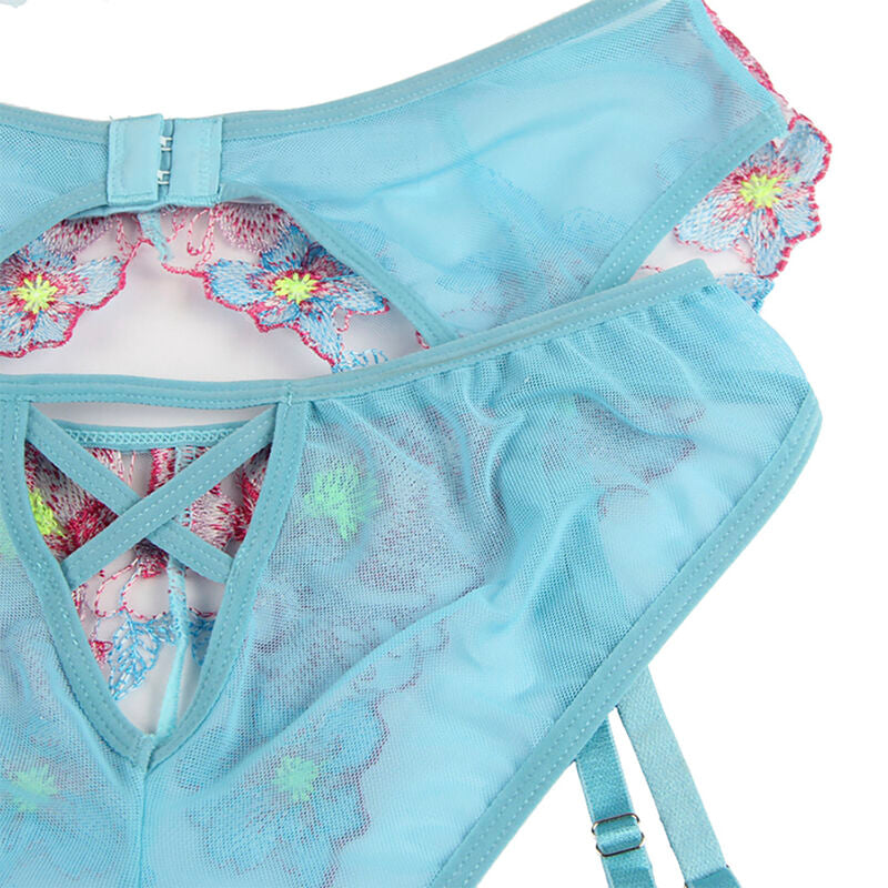 954116 BH + Slip mit Strapsen Blumenmuster blau l/xl
